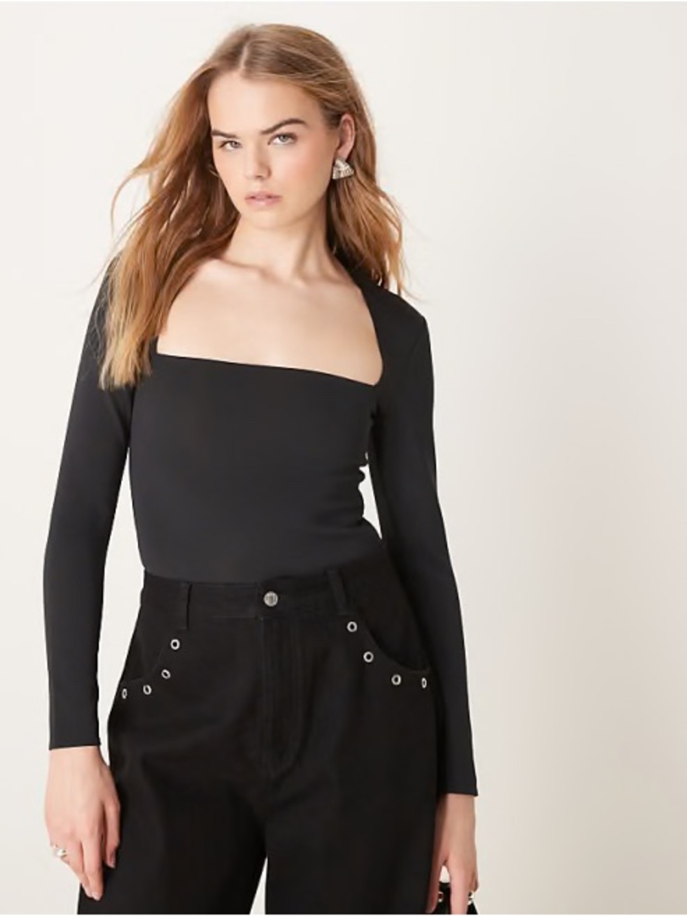 Abercrombie & Fitch Black Square Neck Long Sleeve Bodysuit in Black